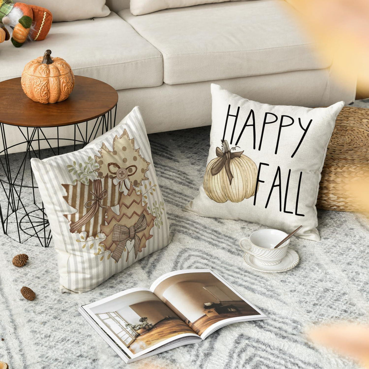 Herbst Kissenbezüge Set 4er 50x50cm Ahornblätter Streifen Braun