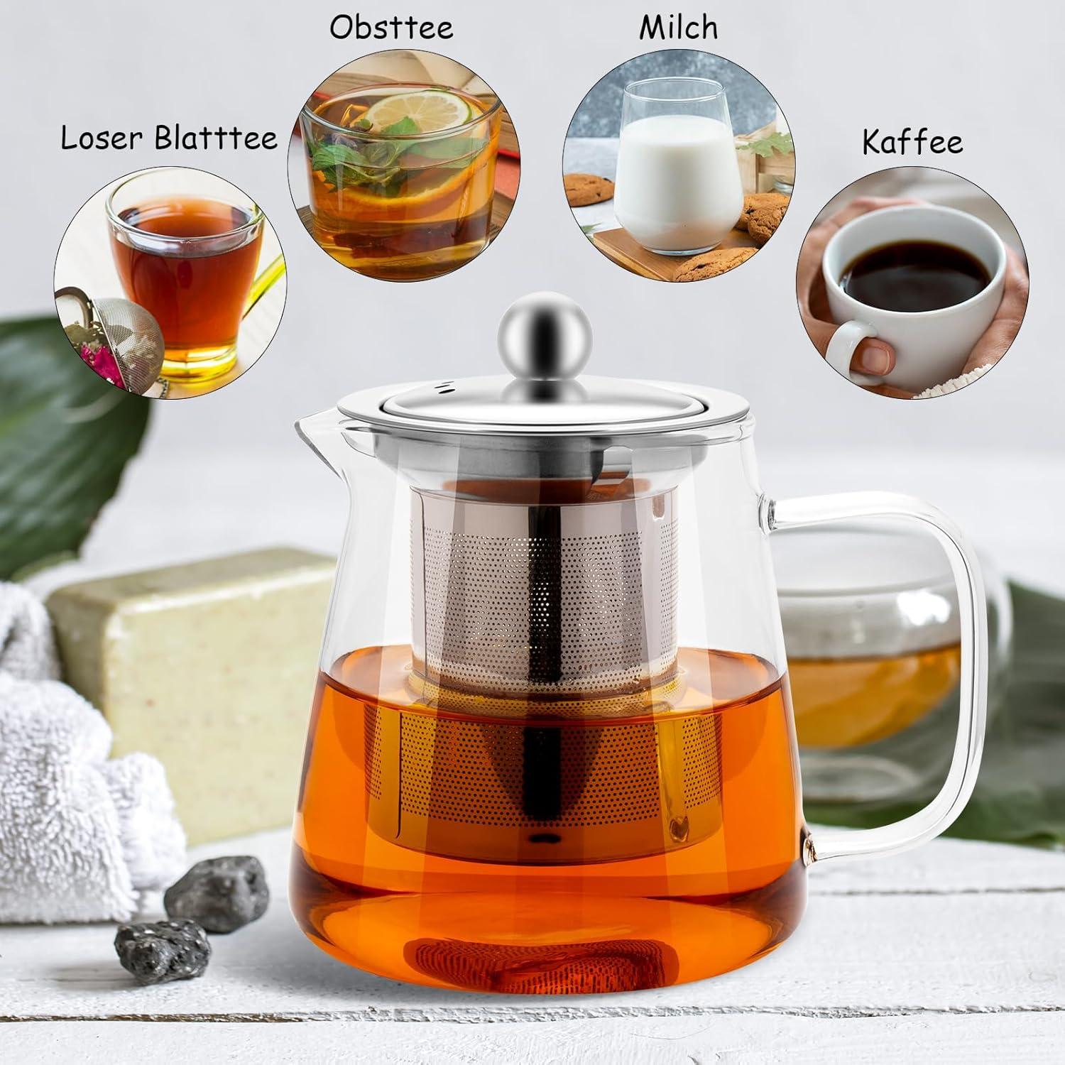 Honneeo Teekanne Glas Borosilikat 750ml Siebeinsatz, Hitzebeständig, Schwarzer