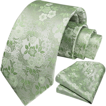 Herren Krawatten-Set Seide floral Z-salbei Grün mit Einstecktuch