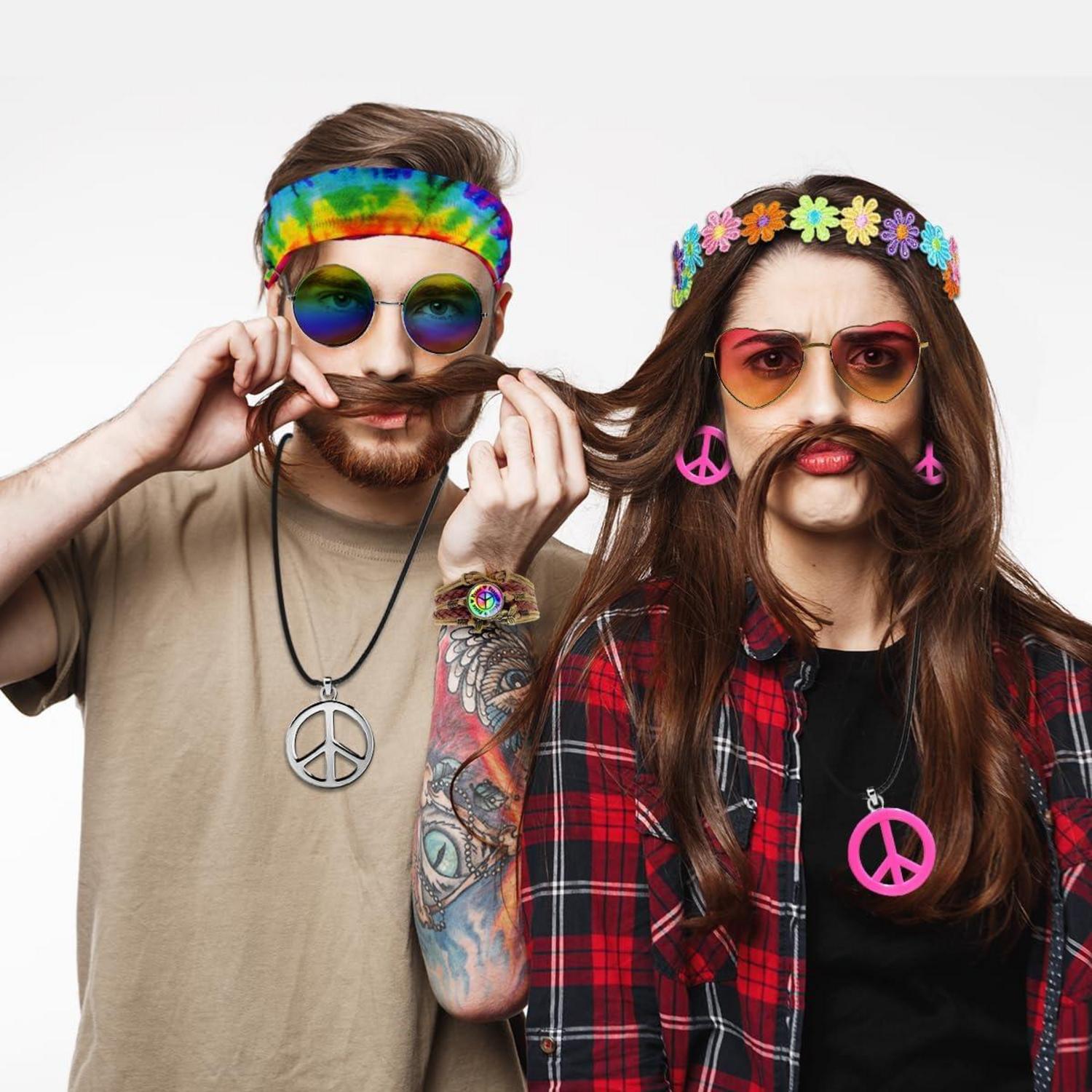 Hippie Kostüm Set mit Brille Peace Halskette Anhänger Armbänder