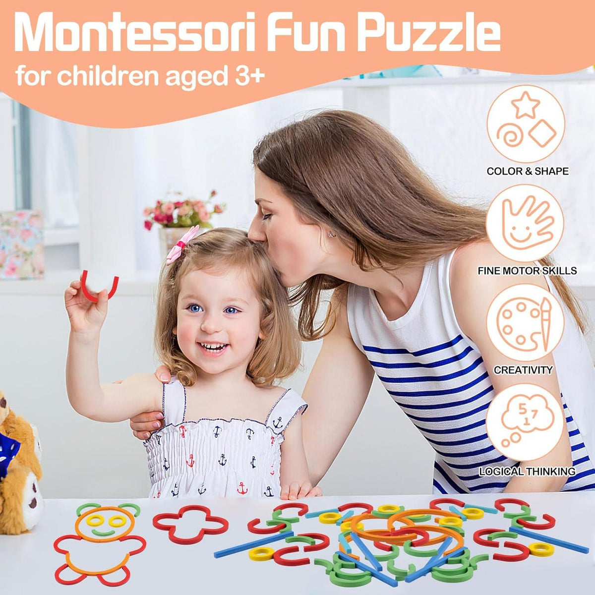 Montessori Spielzeug ab 3 Jahre Holz Sticks Ringe Karten Farben Formen