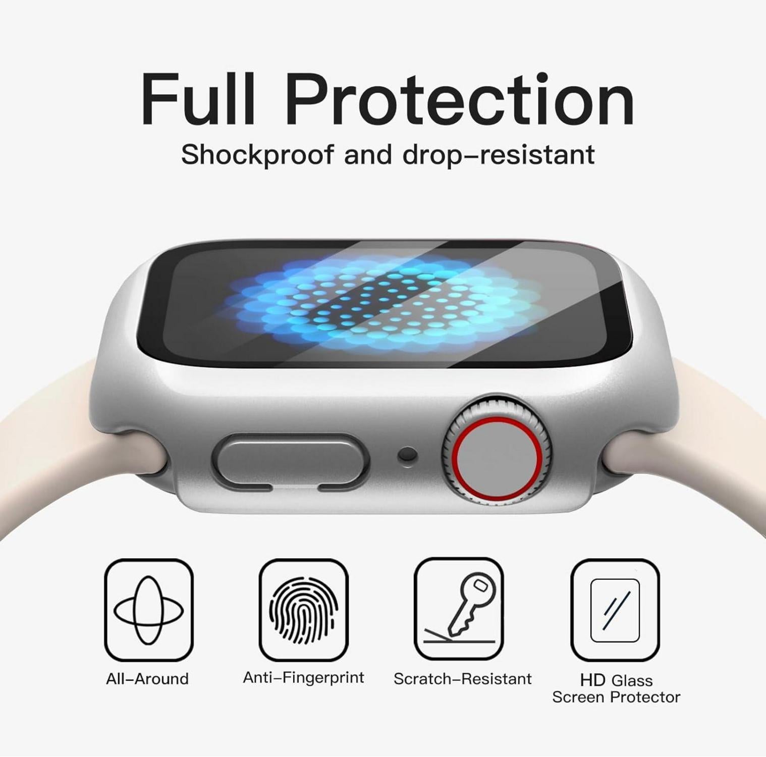 Schutzhülle mit Displayschutz für Apple Watch Series 9 8 7 41mm Silber