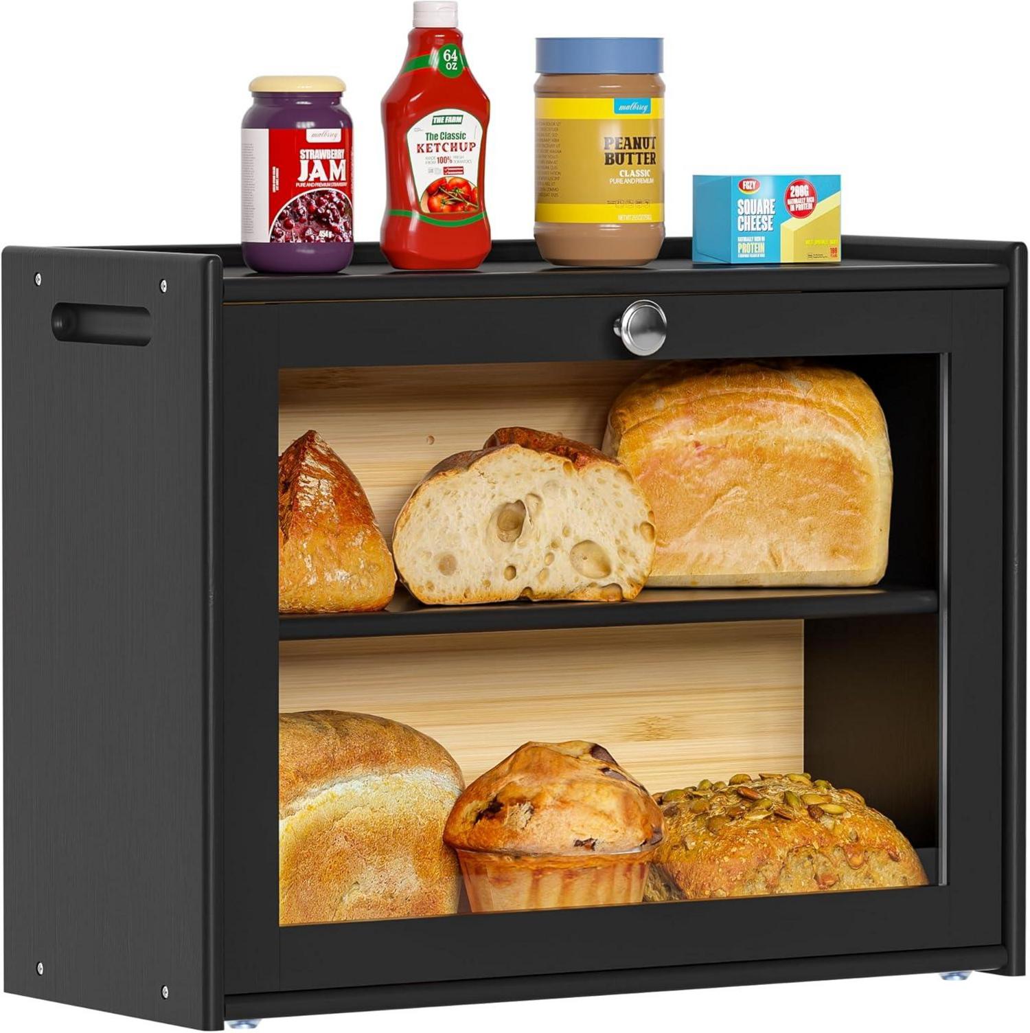 Brotkasten Bambus Belüftung Sichtfenster 2 Regale 40x31x17.5
