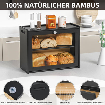 Brotkasten Bambus Belüftung Sichtfenster 2 Regale 40x31x17.5