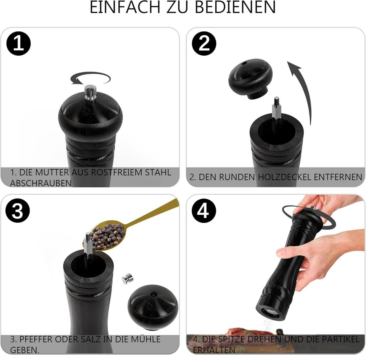 Salz- und Pfeffermühle aus Holz 21cm Schwarz