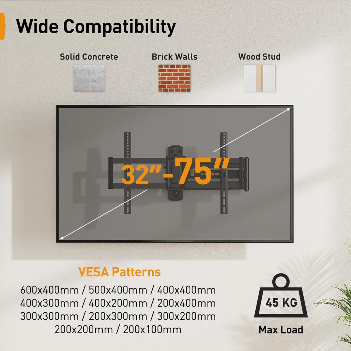 Perlegear TV Wandhalterung schwenkbar 32-75 Zoll VESA