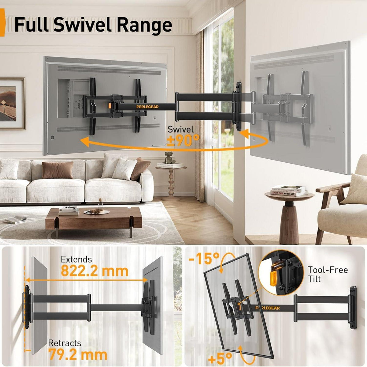 Perlegear TV Wandhalterung schwenkbar 32-75 Zoll Fernseher VESA 600x400mm 45KG