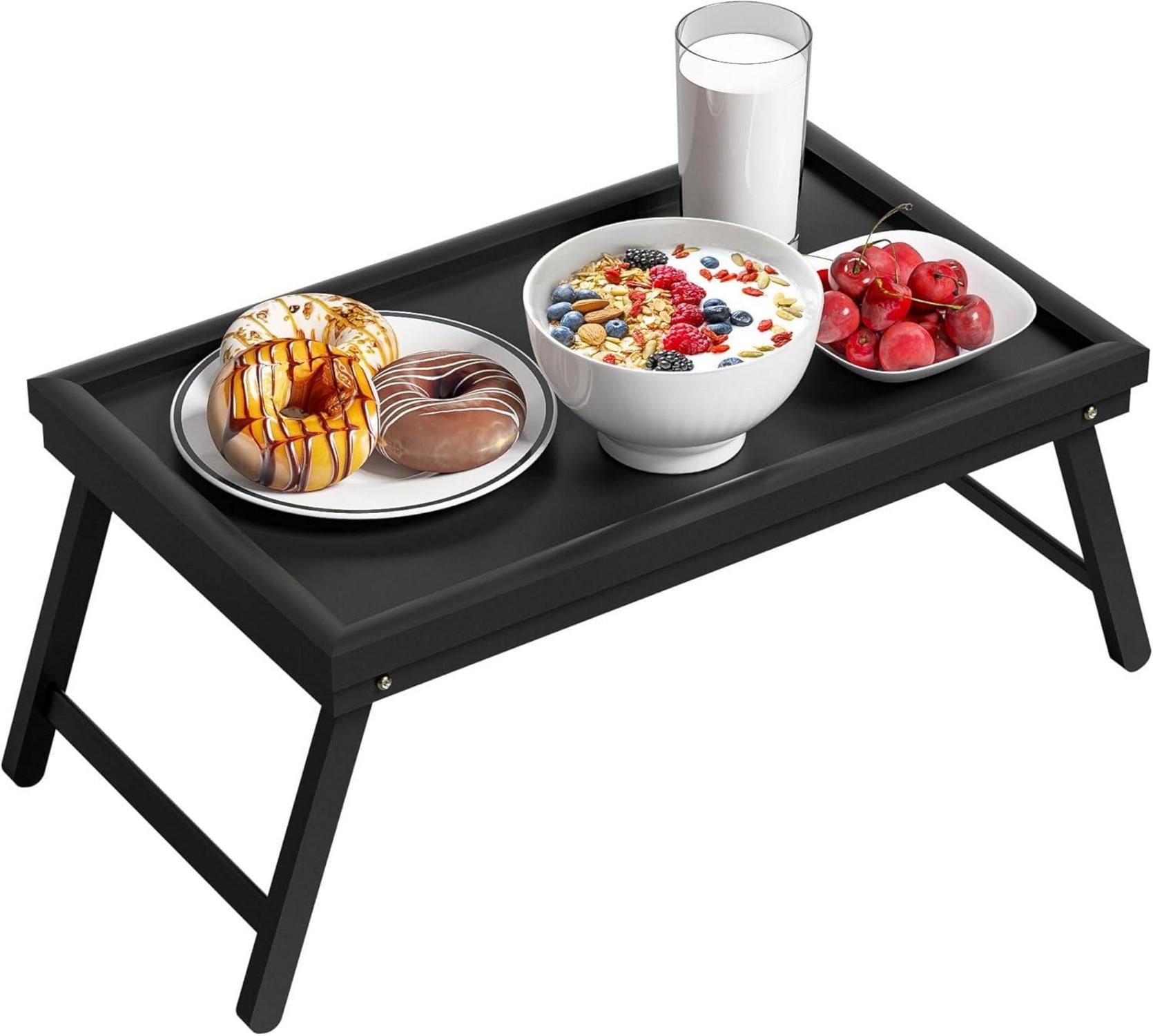 Faltbares Bambus Frühstückstablett mit Fuß in Schwarz 50x30x23 cm