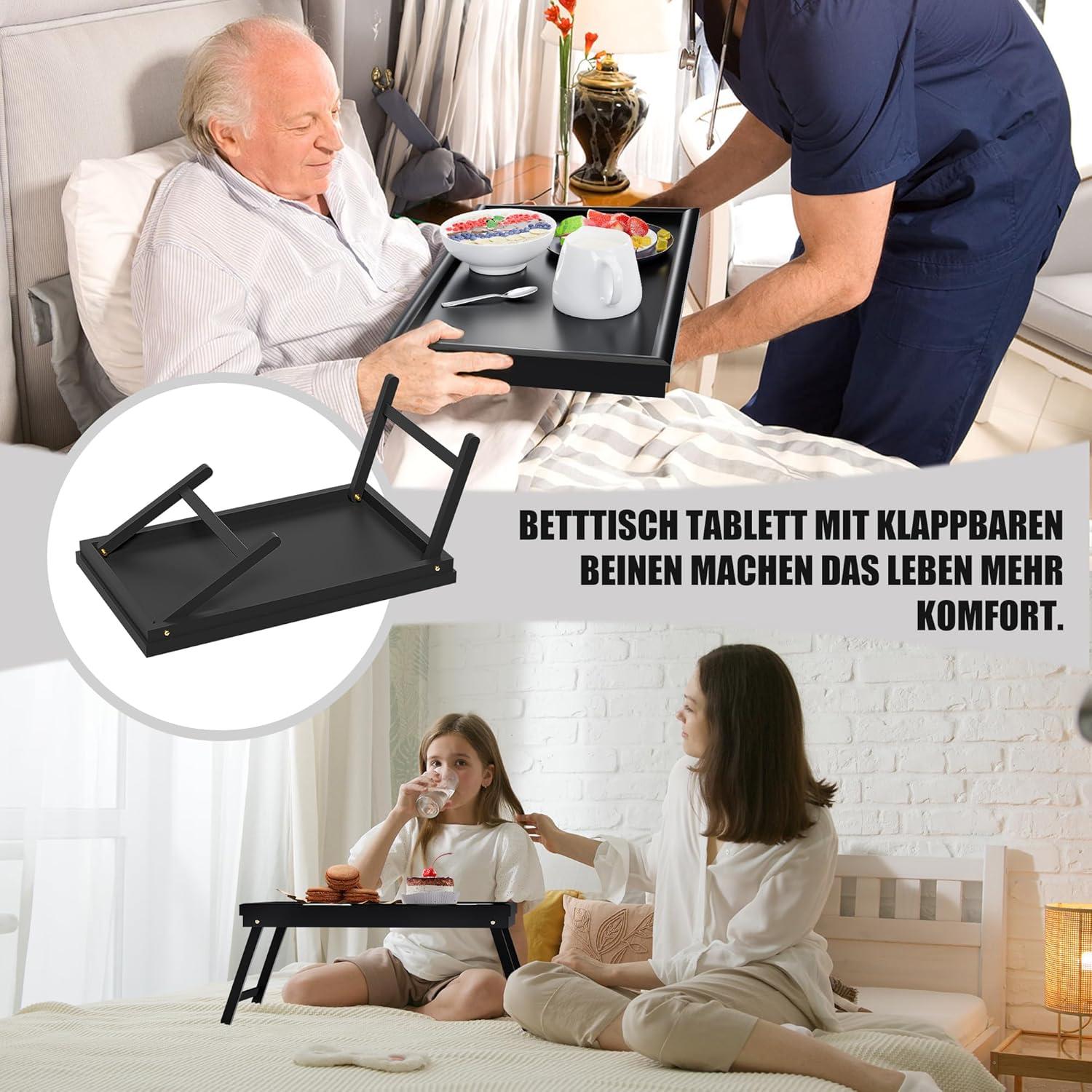 Frühstückstablett Bambus Klappbar Betttablett Essenstablett Fuß Tabletttisch Klapptisch Bett Table Tisch 50x30x23 cm Schwarz
