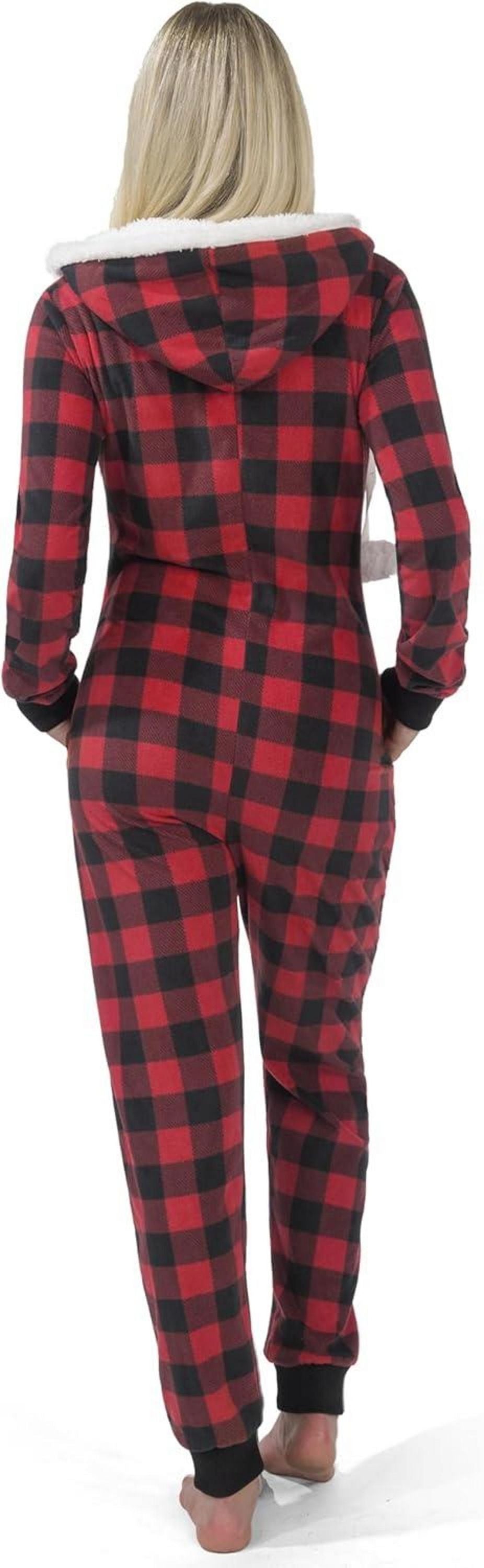 Weihnachts-Pyjama für Frauen Red Buffalo Plaid Kapuze Sherpa Flanell XL