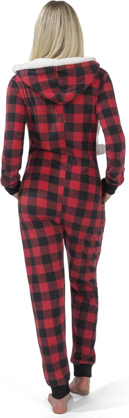 Weihnachts-Pyjama für Frauen Red Buffalo Plaid Kapuze Sherpa Flanell XL