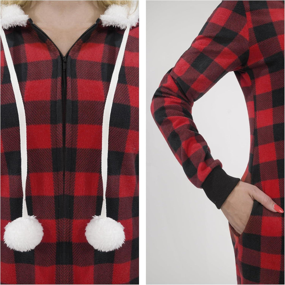 Weihnachts-Frauen-Pyjama-Set Flanell Sherpa Red Karo Kapuze XL