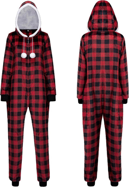 Weihnachts-Frauen-Pyjama-Set Flanell Sherpa Red Karo Kapuze XL