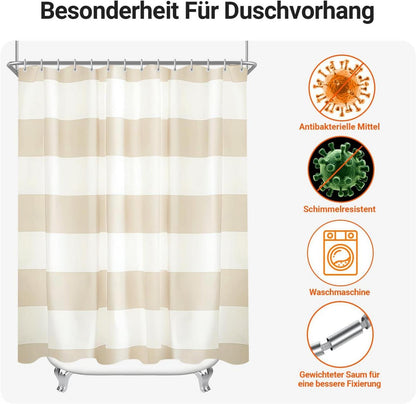 Duschvorhang 180x180cm Beige Streifen Textil Antischimmel Oesen 12 Ringe