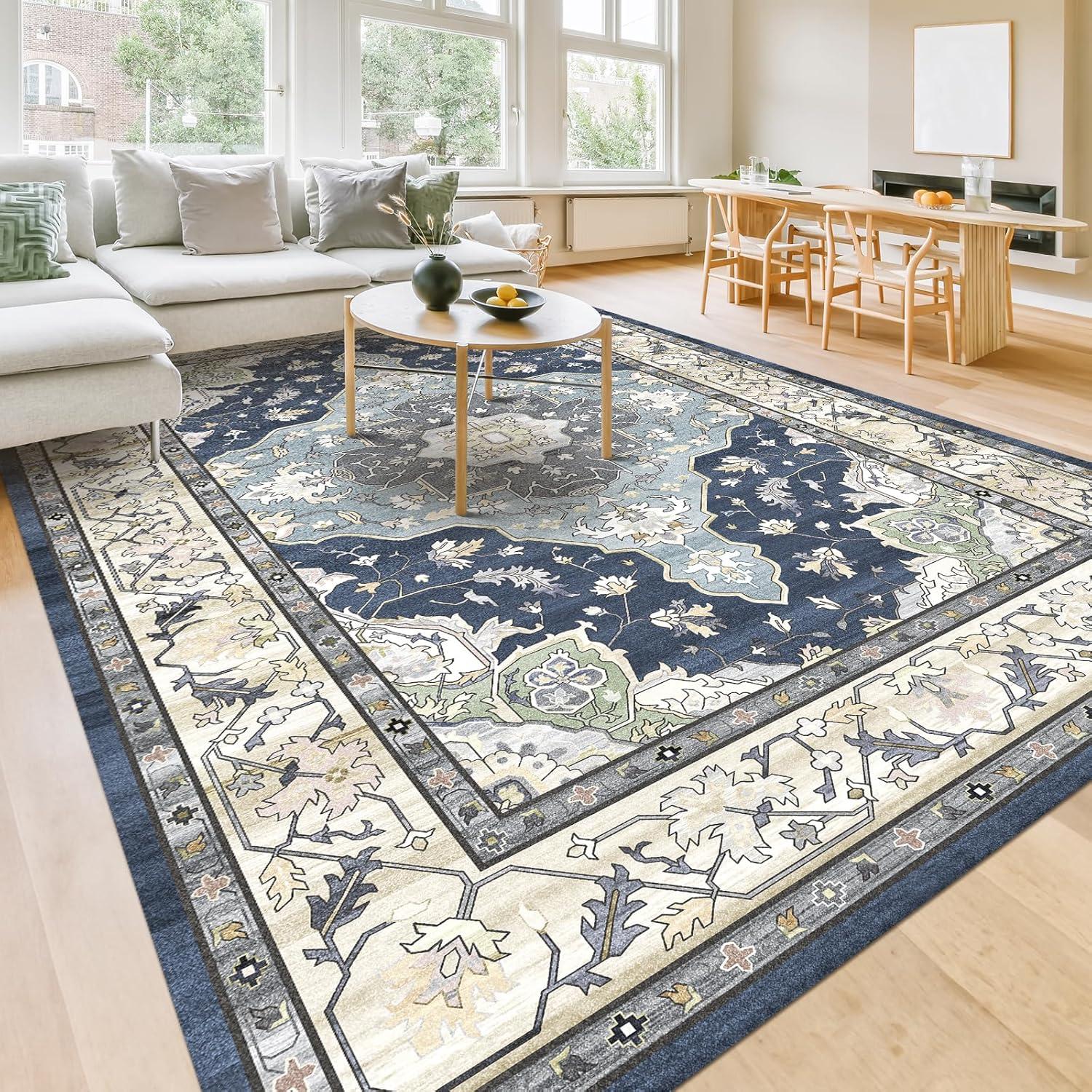 Vintage Teppich 120x170cm Blau Rutschfest Maschinenwaschbar