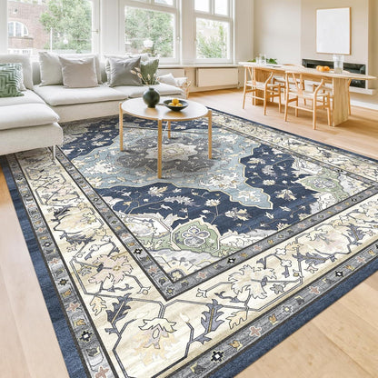 Vintage Teppich 120x170cm Blau Rutschfest Maschinenwaschbar