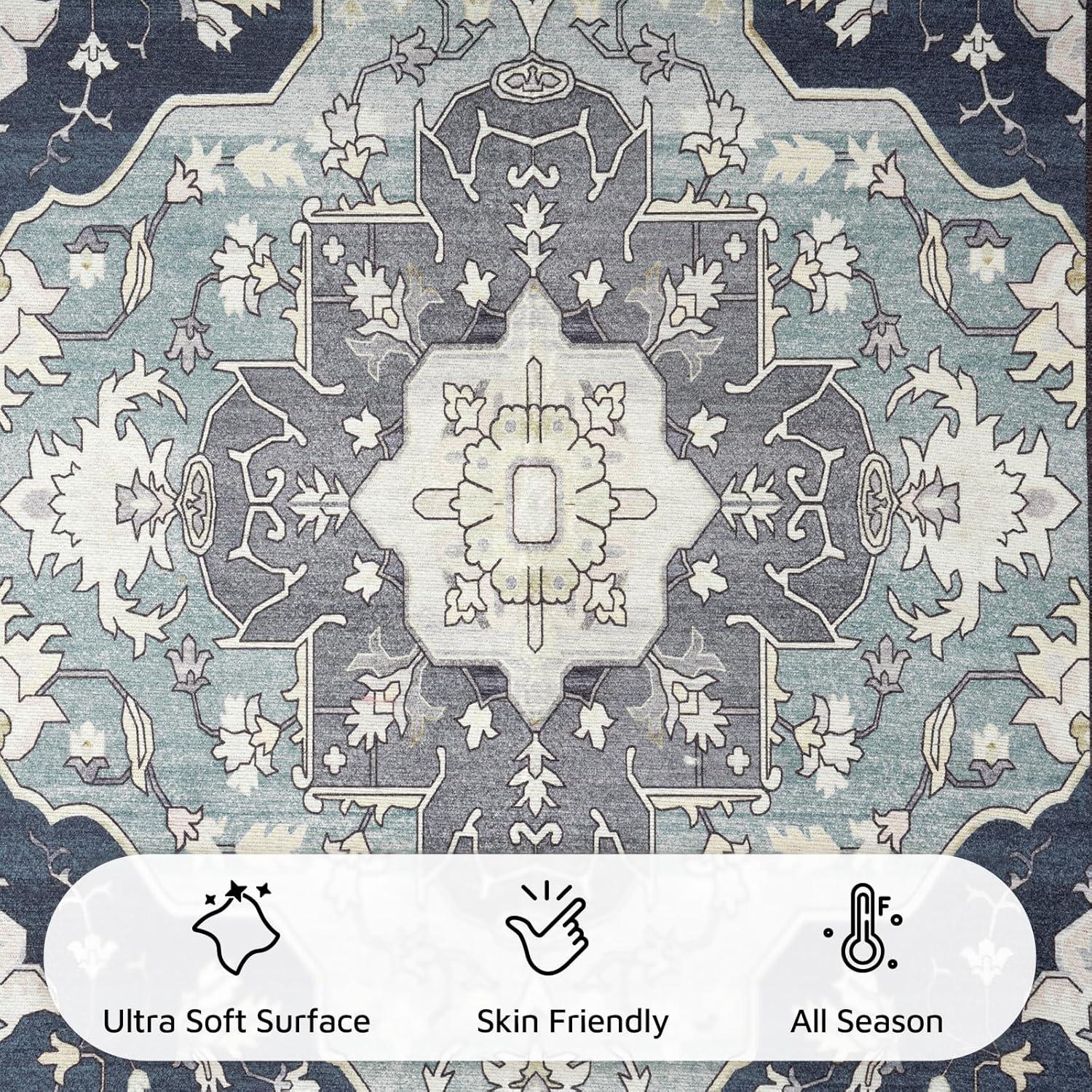 HOMFINE Vintage Teppich Blau 120x170cm Maschinenwaschbar