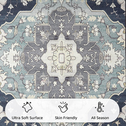 HOMFINE Vintage Teppich Blau 120x170cm Maschinenwaschbar