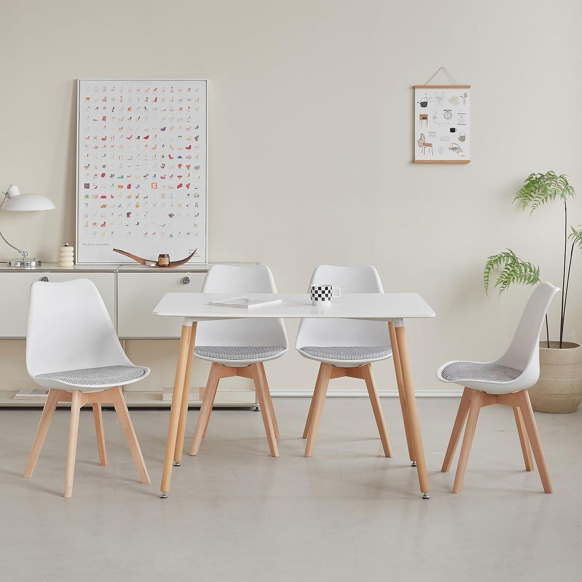 Skandinavische Esszimmerstühle 8er-Set Weiß | Massivholz & Gestreiftes Sitzkissen