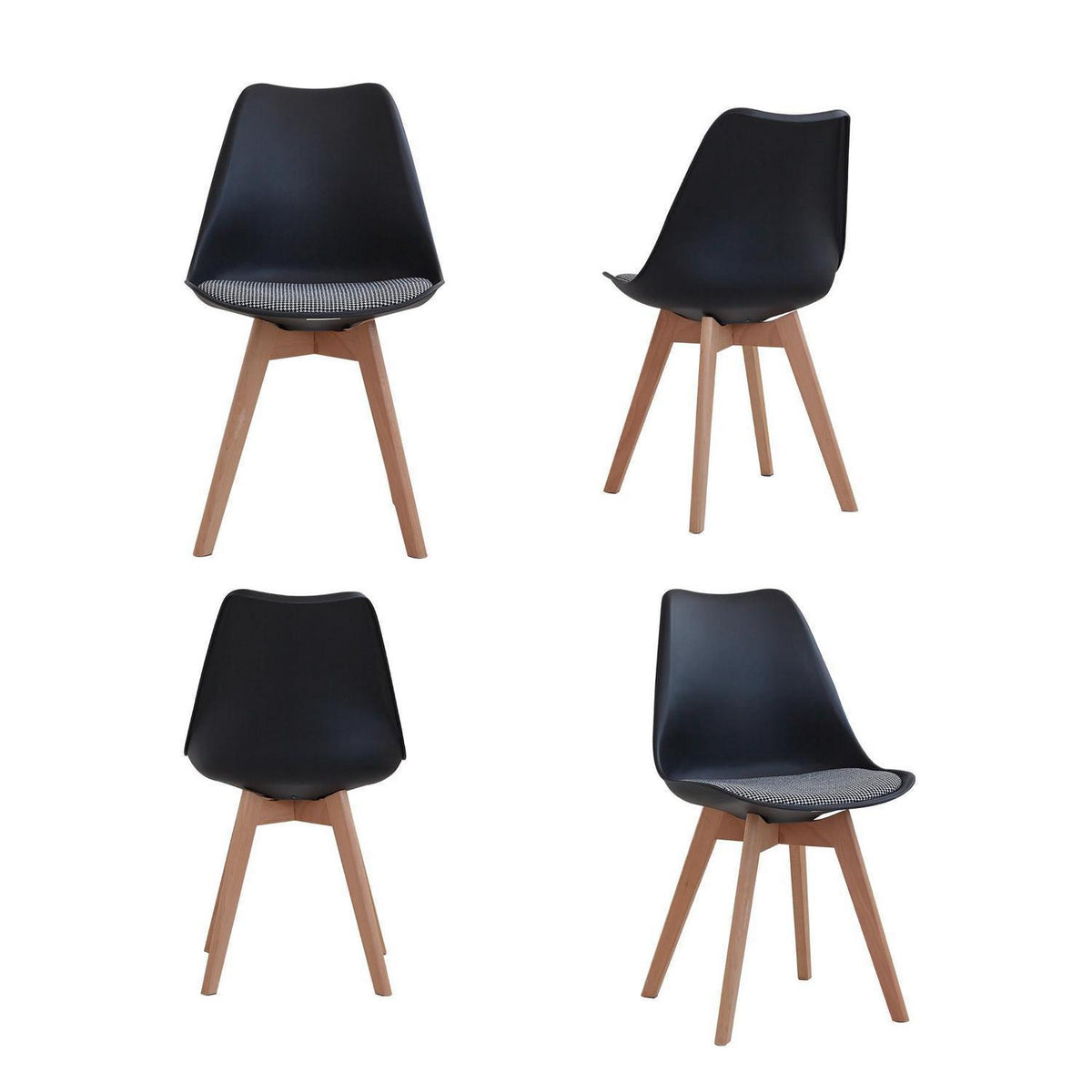 Skandinavische Esszimmerstühle 4er-Set Schwarz mit Sitzkissen