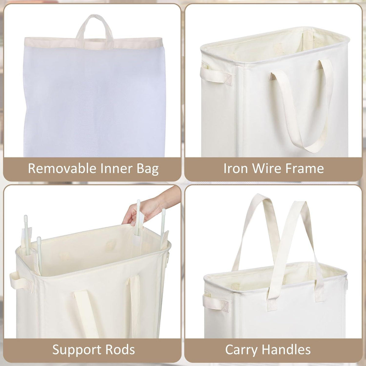 Wäschekorb 50l Schmal Herausnehmbar Waschbar beige Laundry Basket
