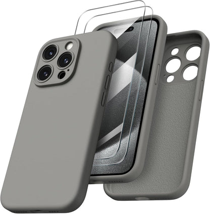 iPhone 15 Pro Max Hülle Kameraschutz 2 Schutzfolien Silikon Grau