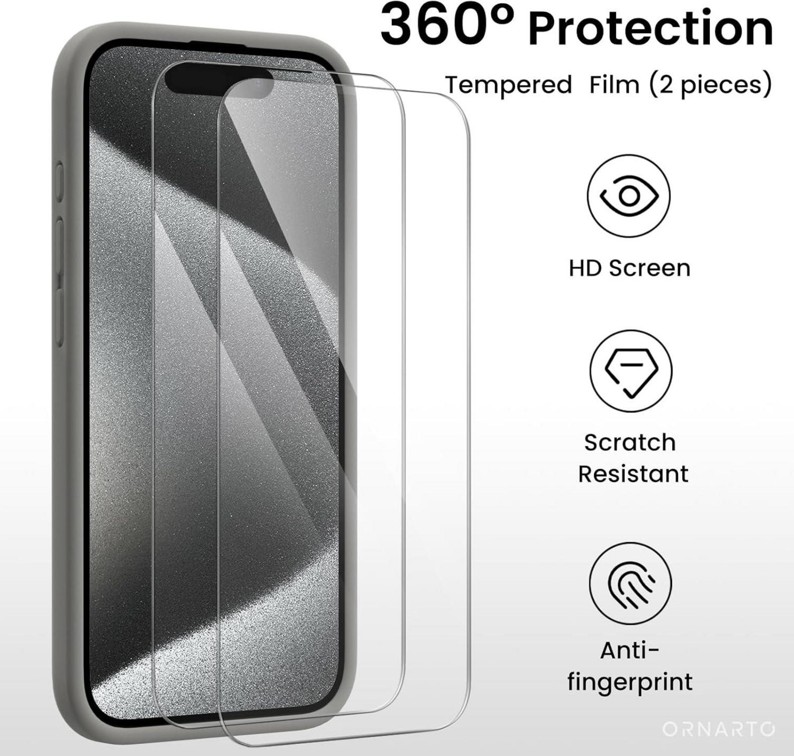 ORNARTO iPhone 15 Pro Hülle Kameraschutz 2 Schutzfolien Silikon Grau