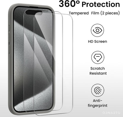 ORNARTO iPhone 15 Pro Hülle Kameraschutz 2 Schutzfolien Silikon Grau
