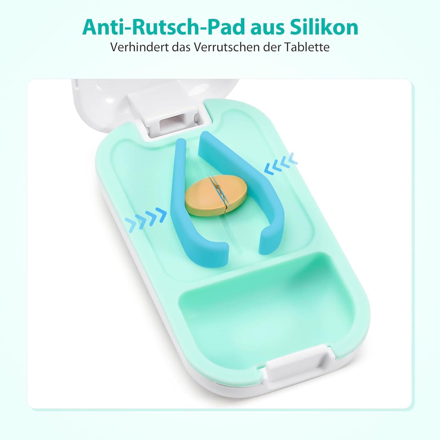 Tablettenteiler Pillenschneider 100% BPA-frei mit Stauraum und Anti-Rutsch-Halterung
