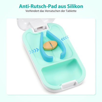 Tablettenteiler Pillenschneider 100% BPA-frei mit Stauraum und Anti-Rutsch-Halterung