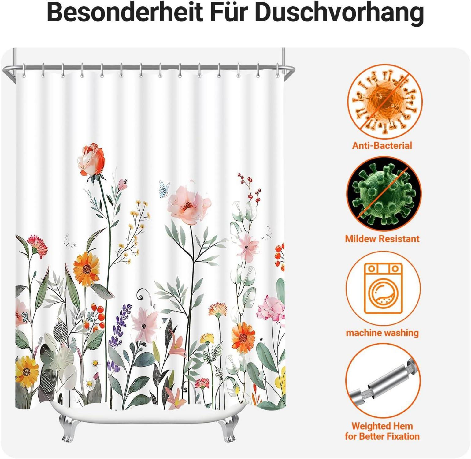 Duschvorhang 240x200cm Rote Blume, beschwerter Saum, wasserabweisend, waschbar