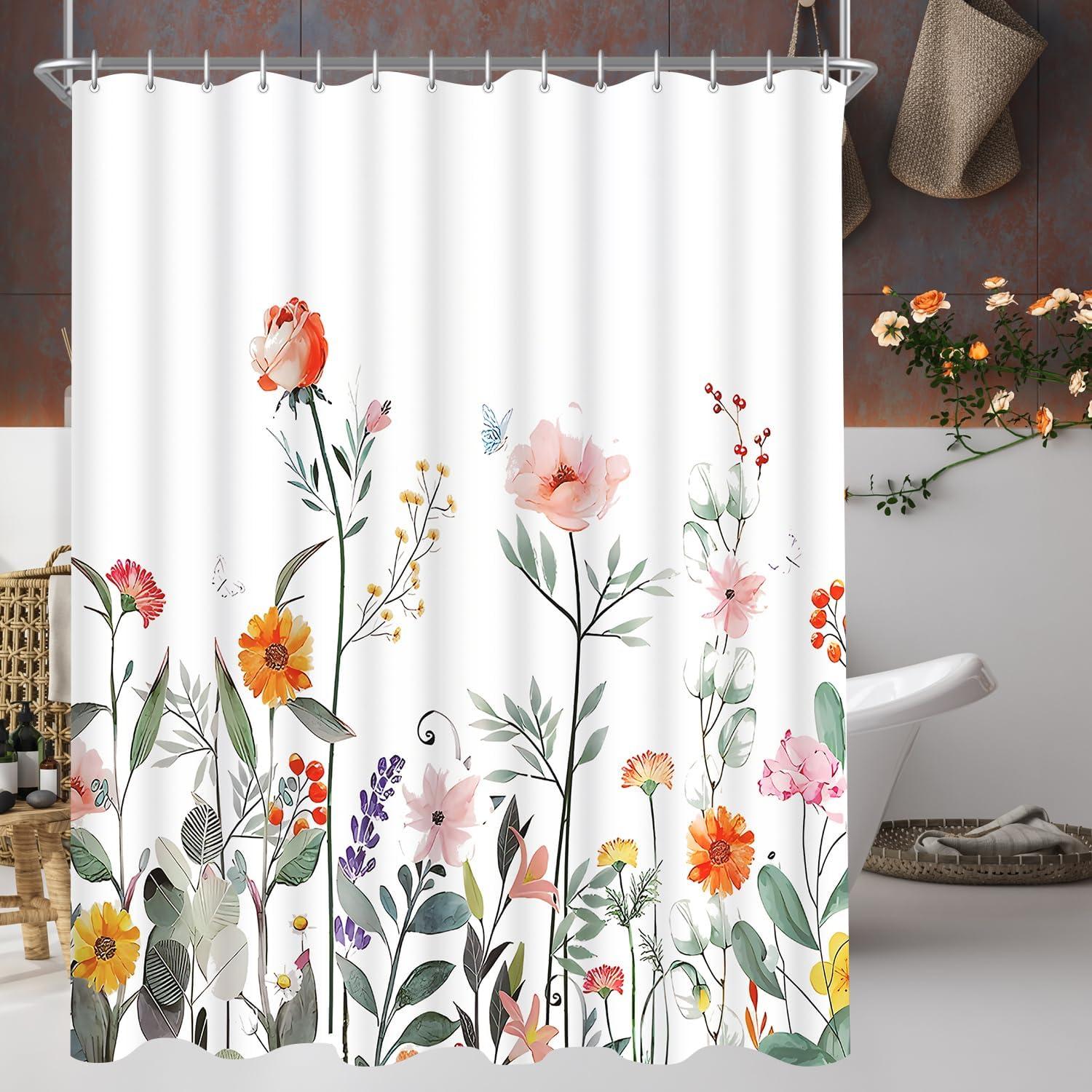 Duschvorhang Rote Blume 240x200cm Antischimmel Textil Wasserabweisend mit Ösen 16 Haken