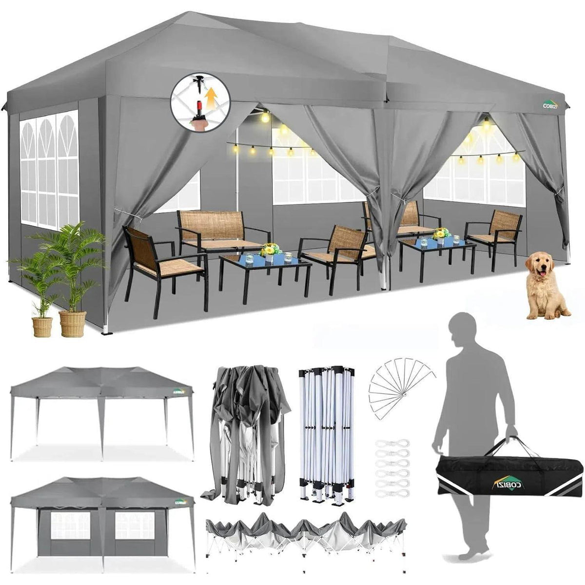 Faltpavillon 3x6m wasserdicht mit 6 Seitenwänden & UV-Schutz