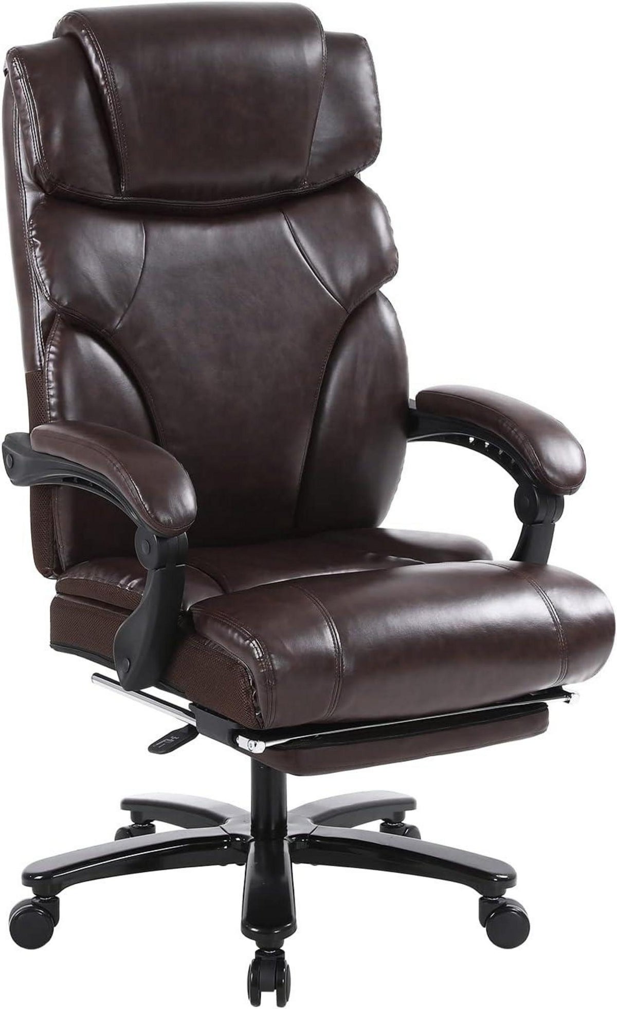 Ergonomischer Bürostuhl mit hoher Rückenlehne und Fußstütze, braun