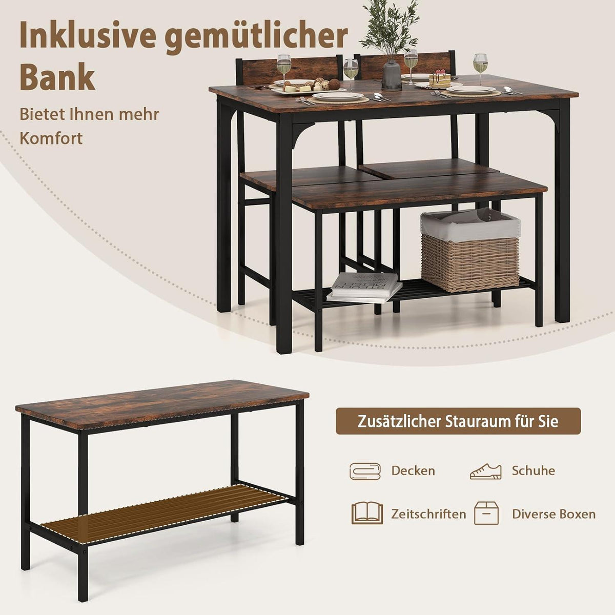 Esstisch Set 4-teilig mit Bank & Stühlen – Rustikales Braun