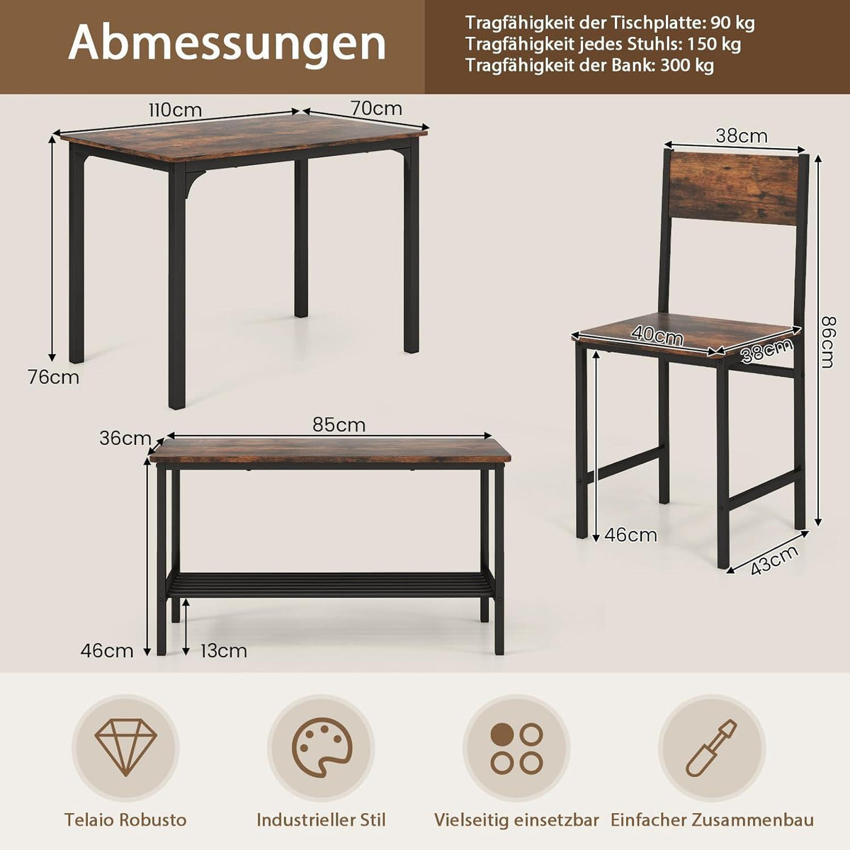 Esstisch Set 4-teilig mit Bank & Stühlen – Rustikales Braun