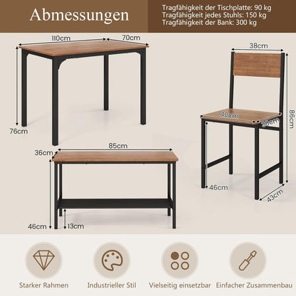 Esstisch Set 4-teilig mit Bank & Stühlen – Industriedesign Braun