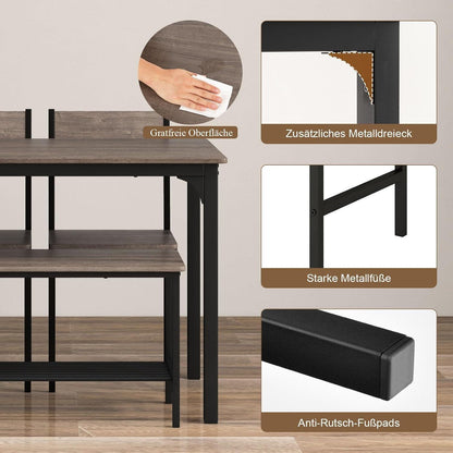 Esstisch Set 4-teilig mit Bank & Stühlen – Grau, Industriedesign