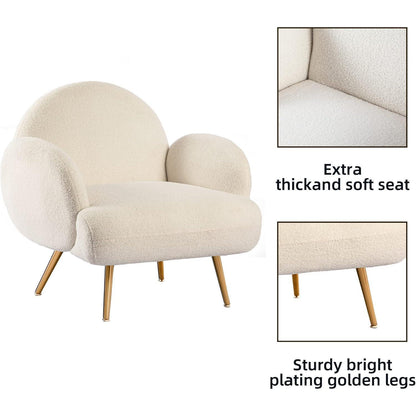 Moderner Loungesessel mit weichem Teddystoff & goldenen Beinen – Weiß