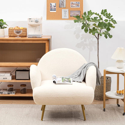 Moderner Loungesessel mit weichem Teddystoff & goldenen Beinen – Weiß
