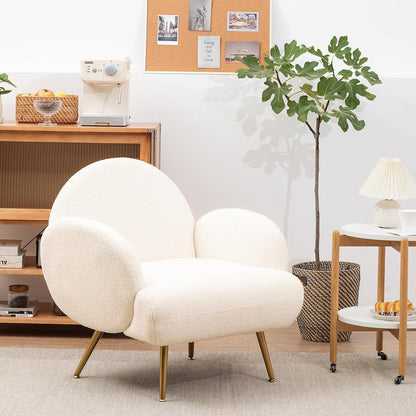 Moderner Loungesessel mit weichem Teddystoff & goldenen Beinen – Weiß
