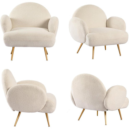Moderner Loungesessel mit weichem Teddystoff & goldenen Beinen – Weiß