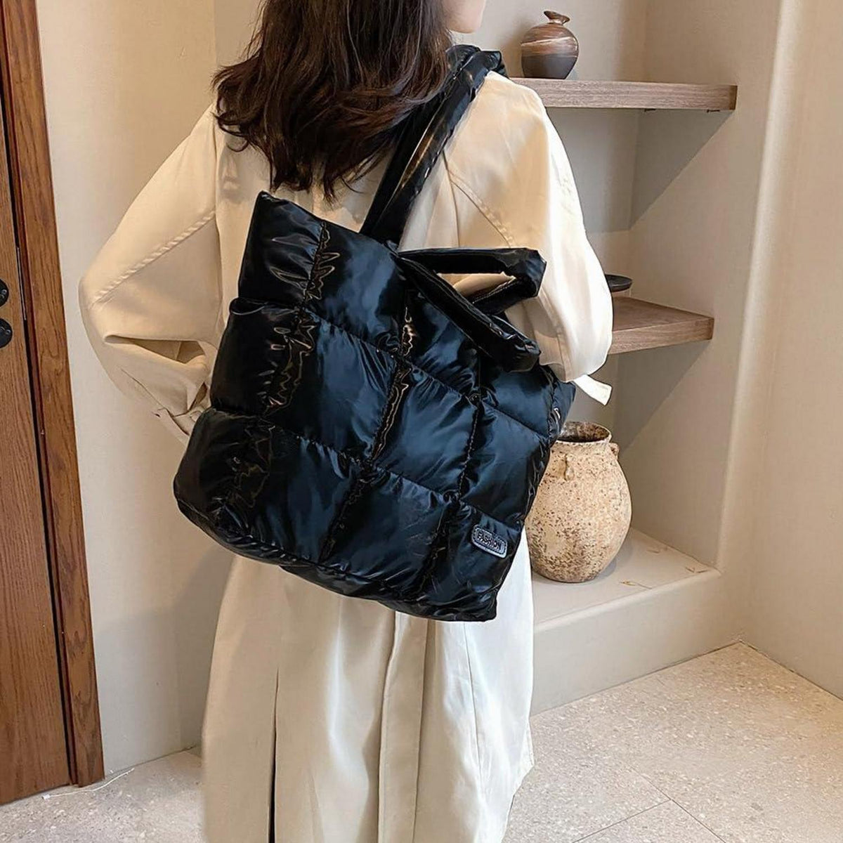 TIAASTAP Puffer Bag Damen Groß Shopper Einfarbig Stepptasche Schwarz