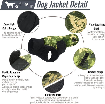 Hundemantel Fleece Wasserdicht Reflektierend Grün Camouflage M-L