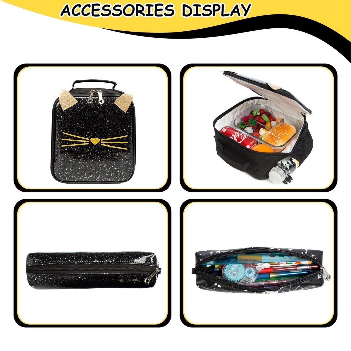 Mädchen Rolling Backpack Set mit Rädern & Lunchbox Katze