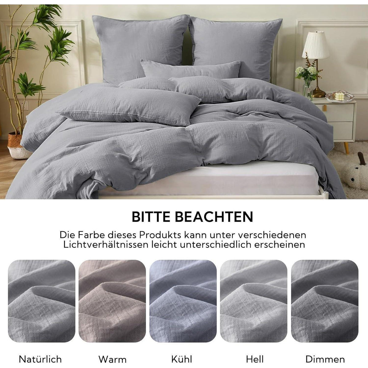 Doppel-Musselin Bettwäsche 220x240 Grau Baumwolle mit Kissenbezügen
