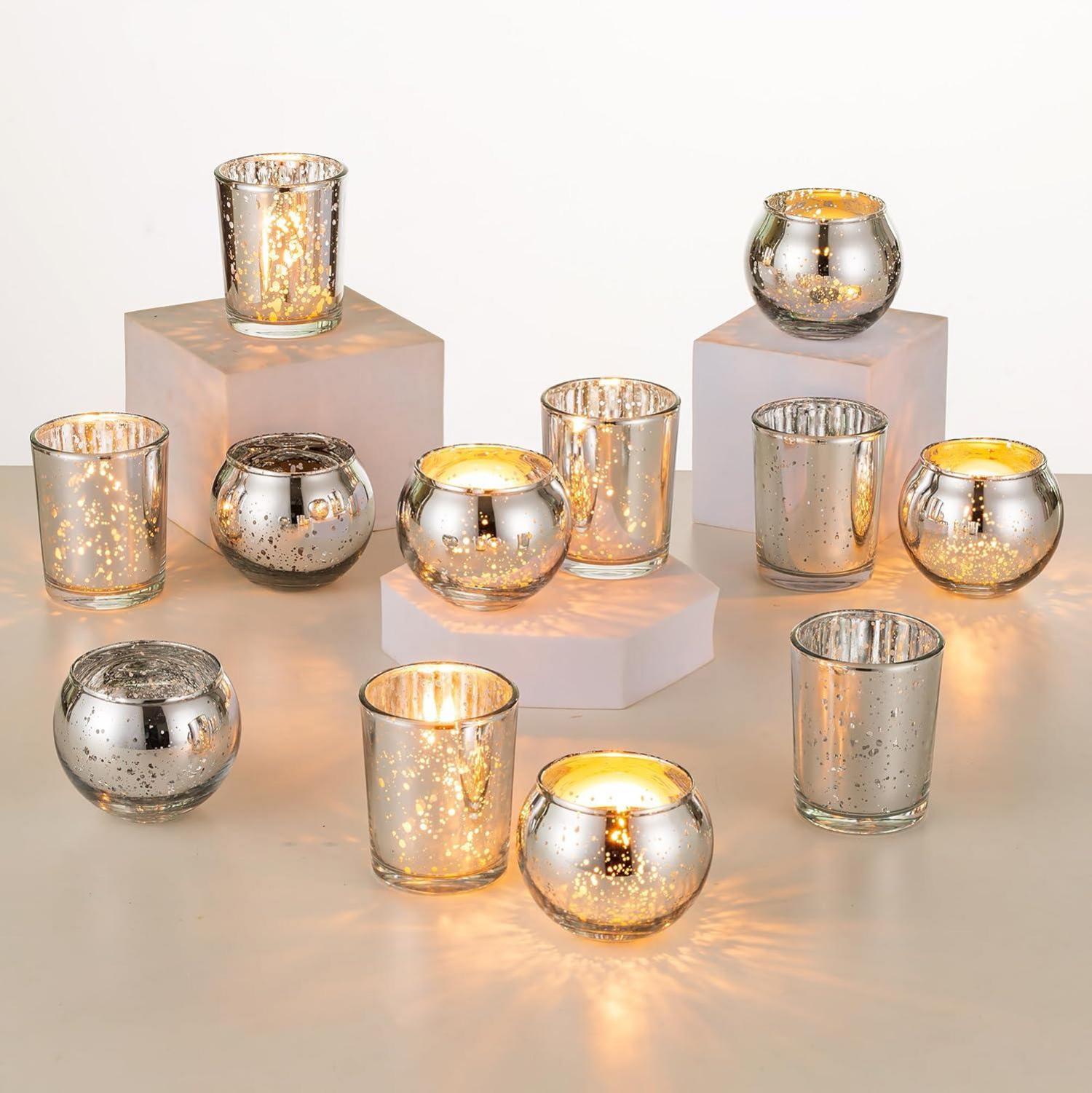 12er Set Silber Kerzenständer Glas Teelichthalter Quecksilber