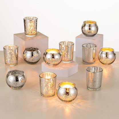 12er Set Silber Kerzenständer Glas Teelichthalter Quecksilber