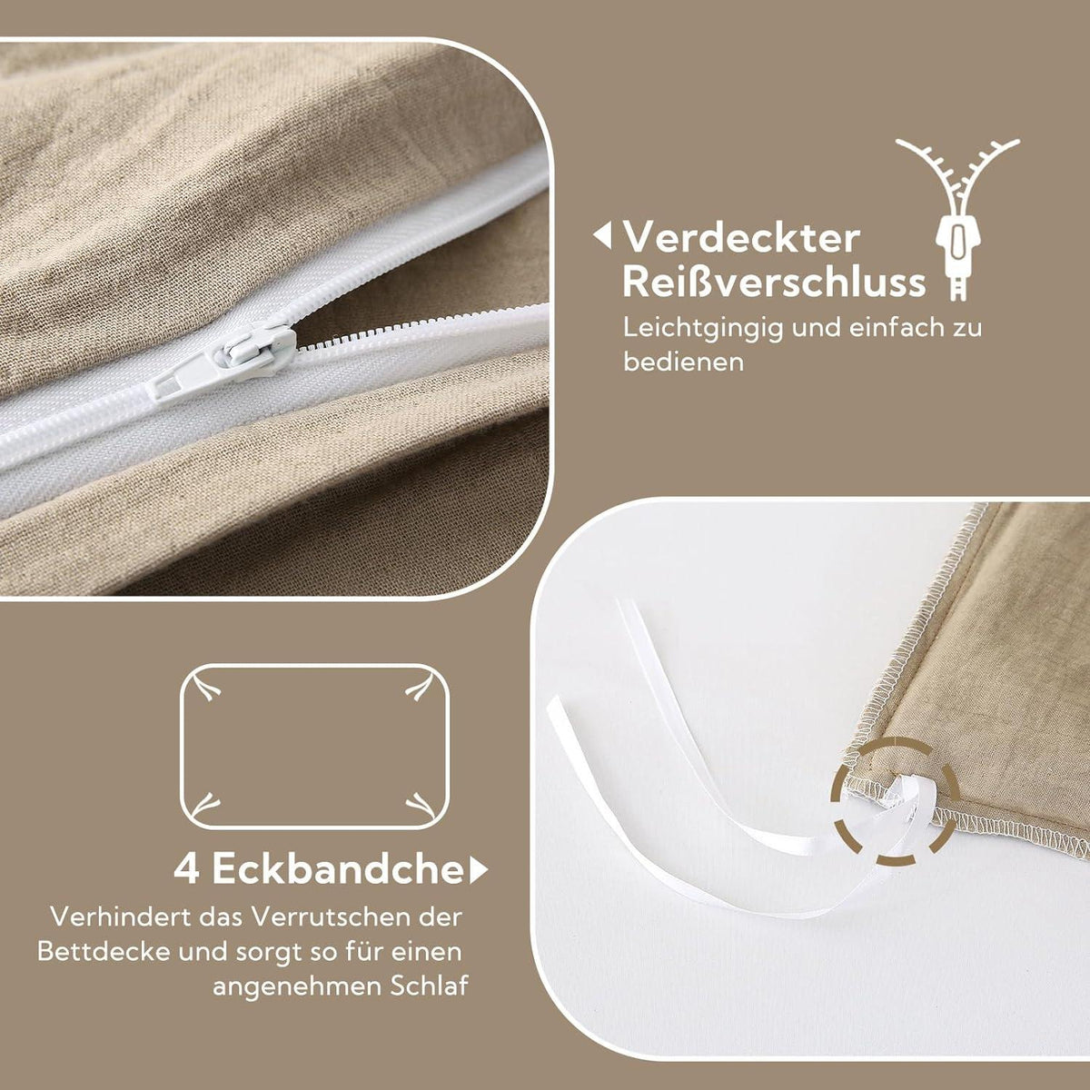 SOULFUL Doppelte Musselin Bettwäsche 220x240 Baumwolle Beige 3tlg. 220*240cm 2x 80*80cm