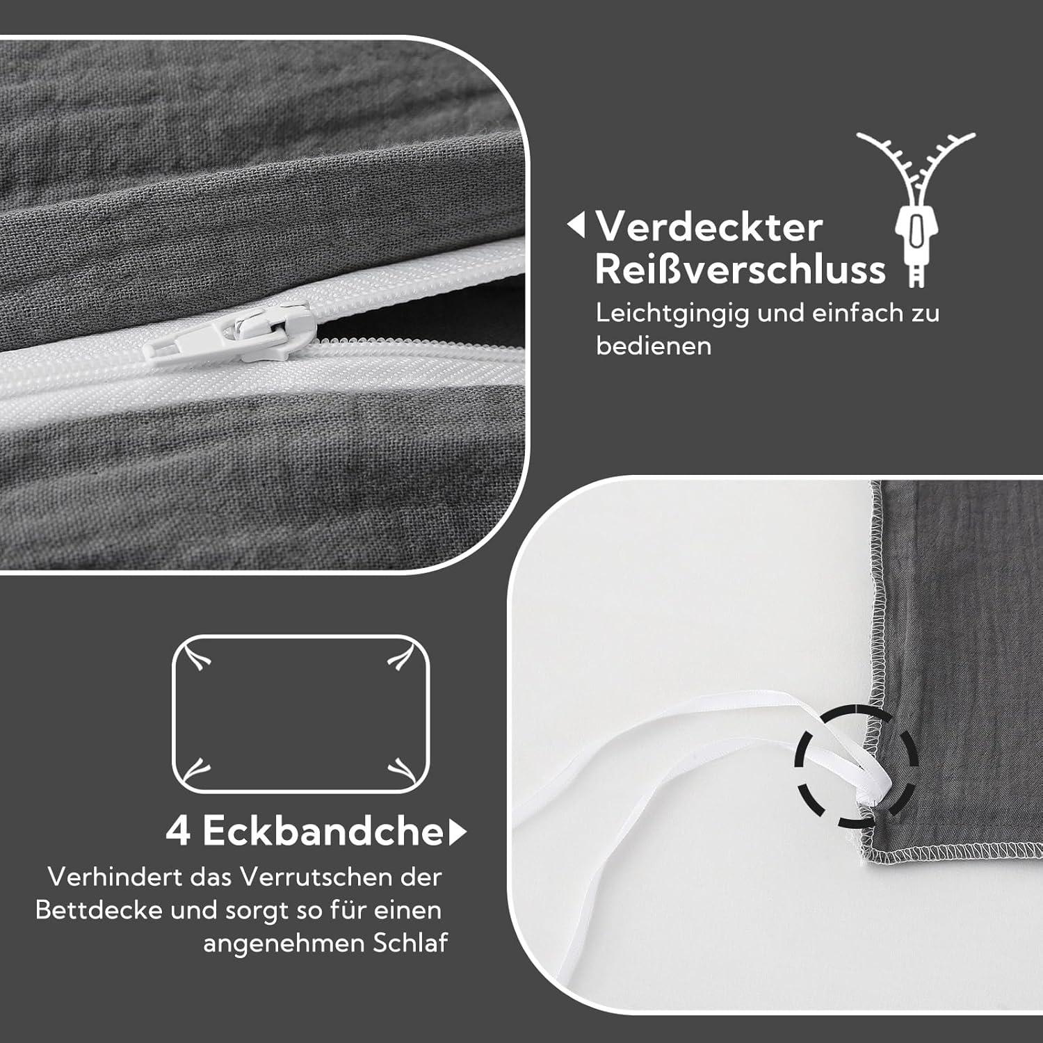 SOULFUL Doppelte Musselin Bettwäsche Set 200x200 Dunkelgrau 3tlg. 100% Baumwolle ÖKO-TEX